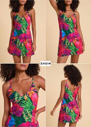 Платье на бретелях с тропическим принтом и v-образным вырезом shein
