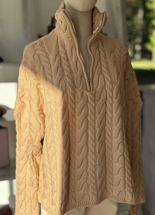 Свитер женский  оверсайз вязанный с крупным узором косичка, горловина на молнии, желтый