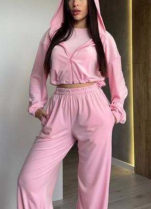 Стильный комфортный женский костюм-тройка для прогулок из велюра плюш 42-44 44-46