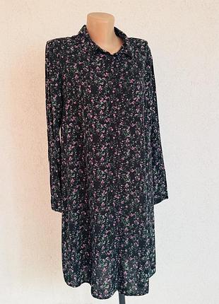 Сукня сорочка міді l 100% віскоза чорна з квітковим принтом пряма з комірцем сукня-сорочка плаття плаття-сорочка на осінь