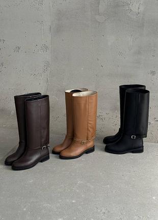 Чоботи труби зимові з ремінцем жокеї шкіряні чорні шоколадні горіхові 11761 11762 11763