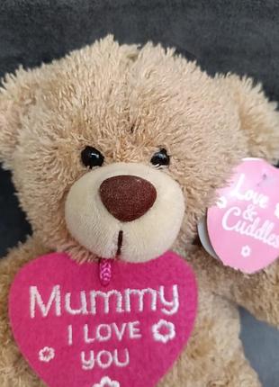 Мягкая игрушка плюшевый мишка, держащий розовое сердце с надписью "mummy i love you".