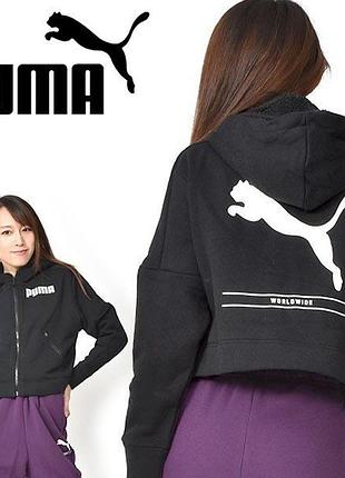 Вкорочена кофта пума з великим принтом меховий капюшон 42(s)