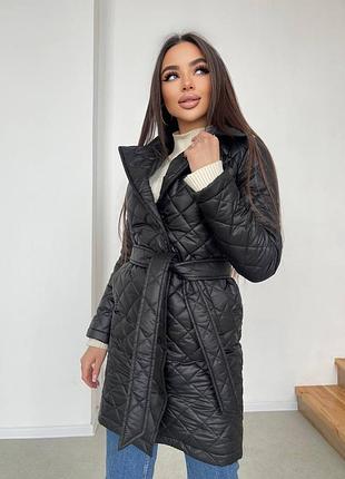 До 0 🍂❄ демисезонная стеганая утепленная силиконом удлиненная куртка с поясом осенняя на кнопках