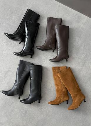Сапоги деми демисезонные трубы на каблуке рюмочка кожаные замшевые черные коричневые рыжие 11792 11795