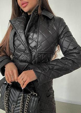 До 0 🍂❄ демисезонная стеганая утепленная силиконом длинная куртка пальто тренч с поясом осенняя на кнопках