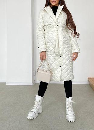 До 0 🍂❄ демисезонная стеганая утепленная силиконом длинная куртка пальто тренч с поясом осенняя на кнопках