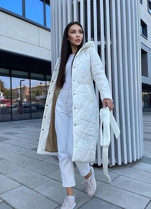 До - 5 🍂❄ демисезонная стеганая утепленная силиконом длинная куртка пальто с капишоном под пояс осенняя на кнопках