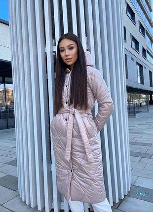 До - 5 🍂❄ демисезонная стеганая утепленная силиконом длинная куртка пальто с капишоном под пояс осенняя на кнопках