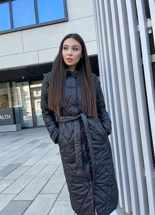 До - 5 🍂❄ демисезонная стеганая утепленная силиконом длинная куртка пальто с капишоном под пояс осенняя на кнопках