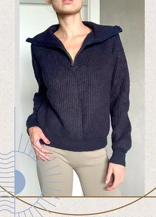 Кардиган поло светр змійка довгий рукав синій кофта пухнаста тренд комір oldmoney dutti