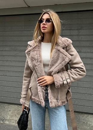 Замшевая дубленка на меху с поясом мокко, женская дубленка из экозамша на меху, теплая дубленка на осень, 0002141