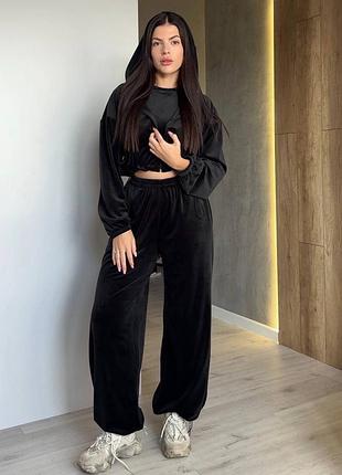 Жіночий повсякденний спортивний костюм трійка штани та кофта на змійці з капюшоном і топ тканина велюр плюш