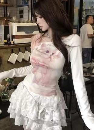 Топ асіметричне плече принт кіт coquette core y2k