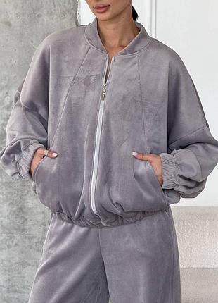 Женский качественный велюровый спортивный оверсайз костюм серый графитовый