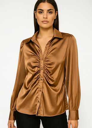 Женская атласная блуза бронзовая с длинным рукавом и сборкой по центру / bisou's project / eu 38-40 / m-l / стан - идеальный!
