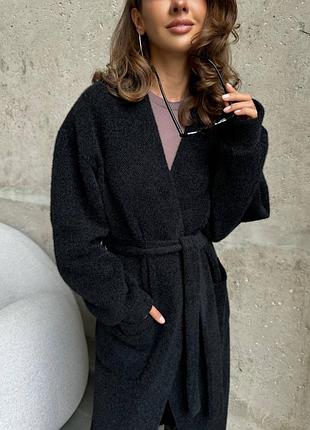 Женский качественный теплый длинный кардиган с поясом и карманами черный