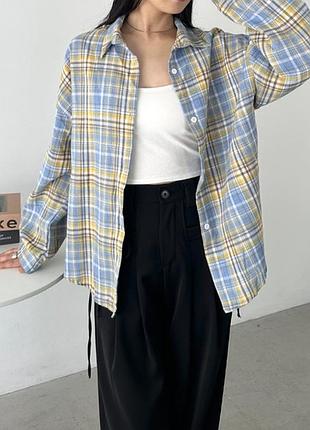 Рубашка женская базовая в клетку голубо-желтого цвета, в клетку женская рубашка