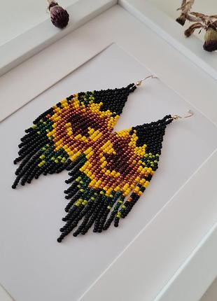 Серьги из бисера подсолнечники – длинные этнические серьги ручной работы