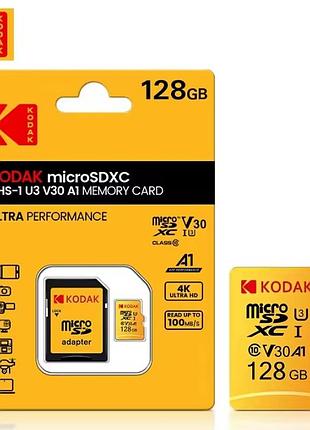 Карта памяти kodak 128gb v30 u3 a1 class 10 4k microsd + адаптер