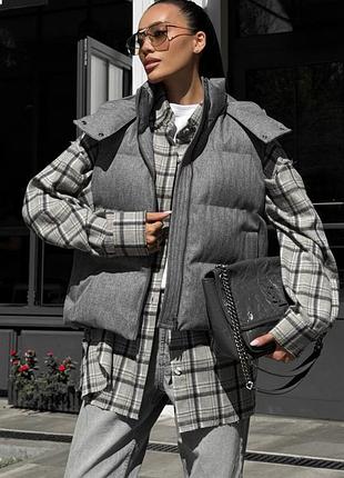 Теплый кашемировый жилет на биопухе с капюшоном, женский осенний жилет из кашемира серый, жилетка безрукавка на пуху, арк