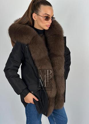Парка куртка чорна жіноча з натуральним хутром фінського песця під соболь, 42-60 розміри