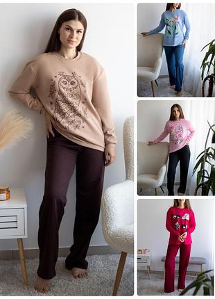 Теплая женская пижама с начесом, утепленная пижама на байке для женщин, хлопковая байковая пижама на флисе