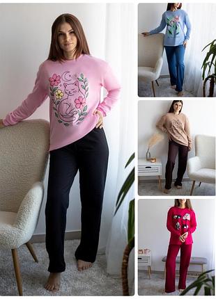 Тепла жіноча піжама з начосом, утеплена піжама на байці, байкова піжамка жіноча, комплект костюм домашній хлопковий