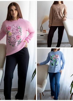 Теплая пижама женская, хлопковая пижама на байке, женская пижама с начесом, домашний комплект женский, хлопковая пижама с начесом