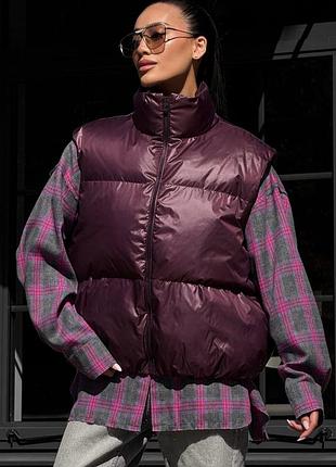 Теплый жилет на биопухую марсала, женская жилетка безрукавка на осень, жилет на пуху без капюшона, дом