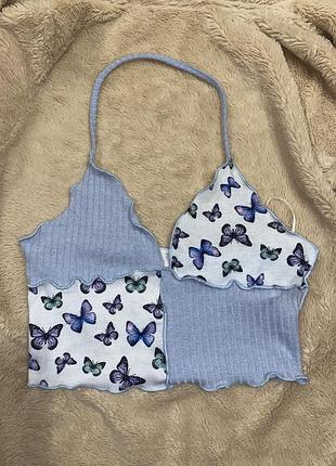 Кроп топ корсетного типу м’яка чашка в рубчик з метеликами y2k shein s