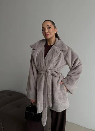 Шубка мутон с поясом до -5° серая, женская шуба с экомехом мутон с карманами, 062