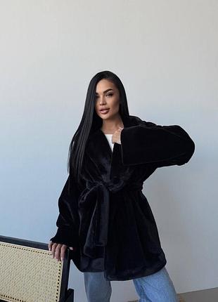 Шубка мутон с поясом до -5° черная, женская шуба с экомеха мутон с карманами, 062