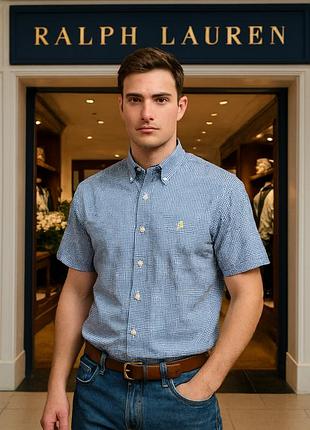 Мужская рубашка ralph lauren, короткий рукав, бело-синие клетки, custom fit xl