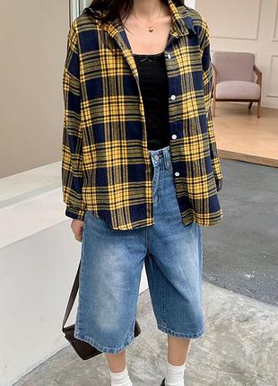 Рубашка женская базовая в клетку сине-желтого цвета вансайз