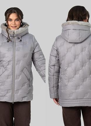 Куртка женская осень зима с капюшоном плащевка серый батал 50-60 гг