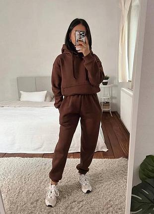 Женский теплый спортивный костюм двойка худи джоггеры трехнитка на флисе