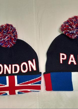 Шапка вязаная стильная с помпоном - london, paris - р. - 55-56