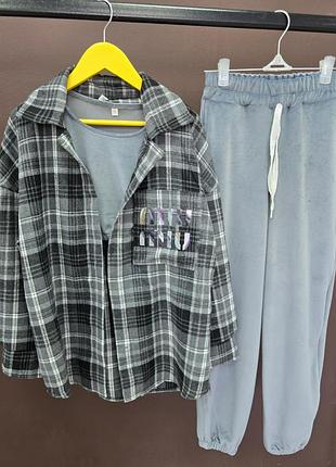 Стильний костюм трійка для дівчинки, сорочка, топ і штани