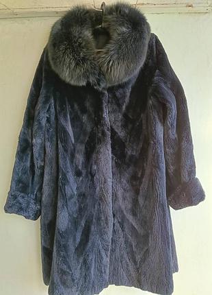 Натуральная шуба, синего цвета греция воротник писец размер 52-54