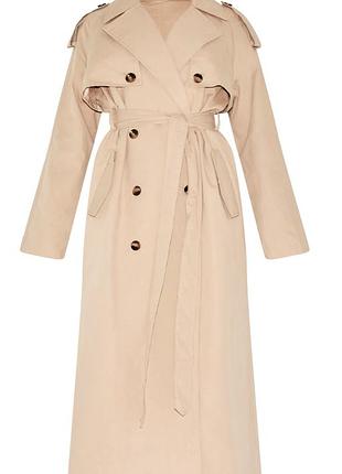 Бежевий двобортний тренч з поясом