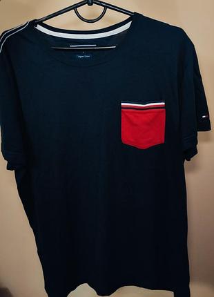 Футболка хлопковая мужская tommy hilfiger темно-синяя с вышивкой