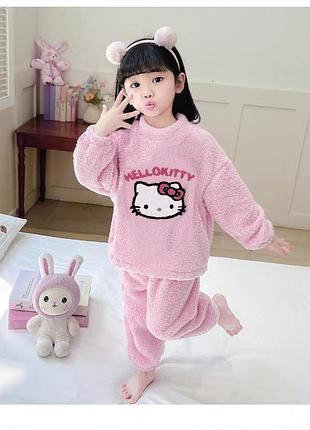Пижама теплая махровая зимняя на девочку розовая хеллоу котти, hello kitty