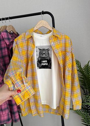 Сорочка жіноча оверсайз в клітинку на гудзиках з кишенею вільного крою якісна стильна сіра лимонна блакитна