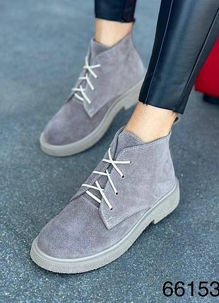 Демисезонные женские ботинки натуральная замша, замшевые хайтопы на байке, высокие лоферы на шнуровке 66153