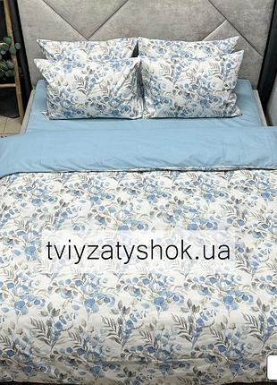 Комплект постельного белья бело-голубой с цветами, 100% хлопок