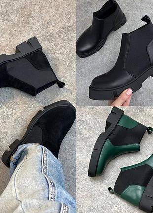 Черевики челсі з італійської шкіри та замші жіночі чорні зелені