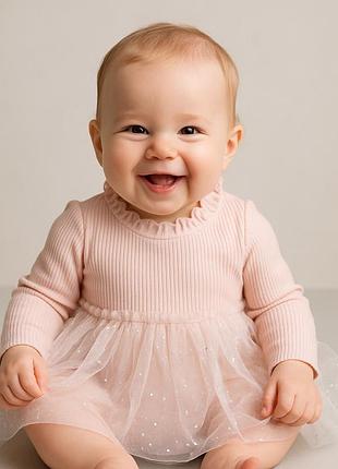Детский боди-платье для девочки 6-9 мес розовый с фатином и звездочками