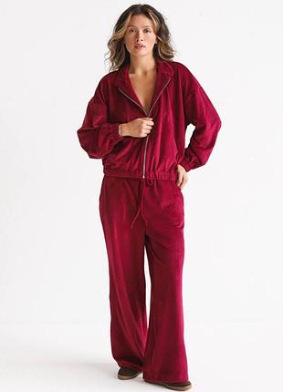 Костюм женский спортивный велюровый стильный повседневный кофта на молнии и штаны палаццо - джоггеры бордовый