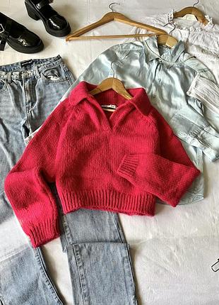 Червоно-рожевий в’язаний светр оверсайз з коміром